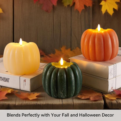 Velsyn Fall Decorations for Home, Flickering Flameless Wax Pumpkin LED Candle with Timer Remote Control, Thanksgiving Gifts, Autumn Farmhouse Rustic Harvest Decor for Tiered Tray Table Indoor (Green)