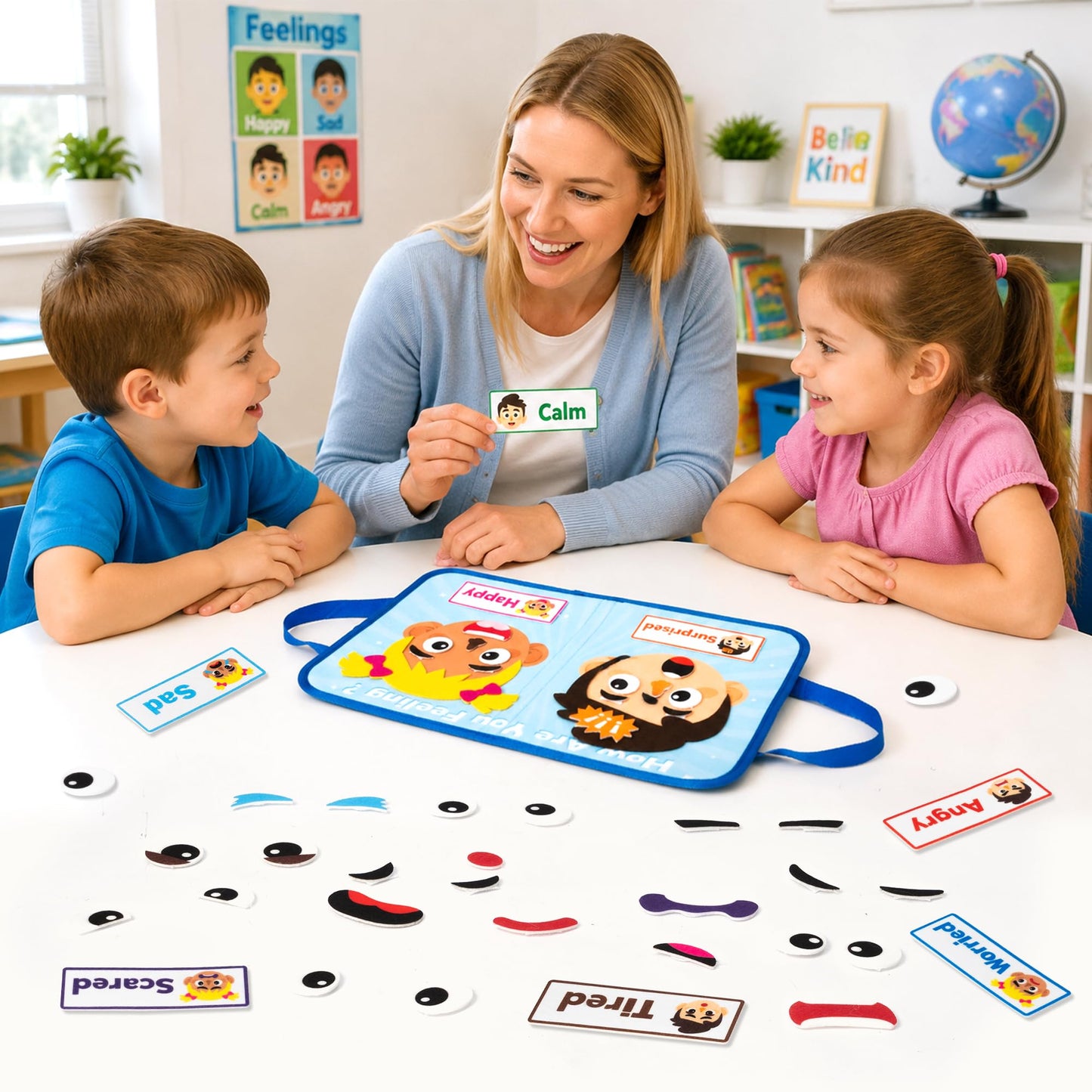 WATINC Travel Felt Board Story Set - Portable Felt Board Educational Birthday Gift for Boys Girls, Themed Storytelling Preschool Early Learning Interactive Play Kit for Toddlers (Emotional)