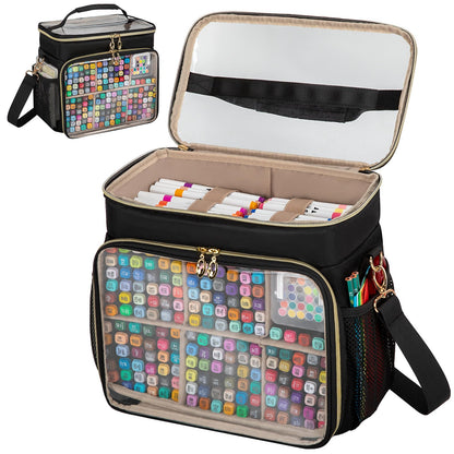 Wigojoy Large Marker Organizer Case for 200-300 Markers, Double-Layer Marker Bag with Removable Dividers, Marker Organizer for Markers, Pencils, Crayons or Other Art Supplies, Black (Bag Only)