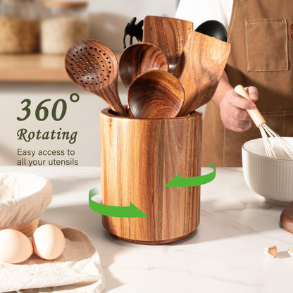 Criusia Utensil Holder 3 Pack, 360° Rotating Acacia Wood Cooking Utensil Crocks for Kitchen Counter, Farmhouse & Modern Decor, (1 Large, 1Medium, 1 Small)