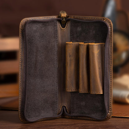 Lanxivi Vintage Leather Fountain Pen Case 3 Divided Slots, Zippered Pen Case Pouch, Handmade Display Holder for Rollerball Pen