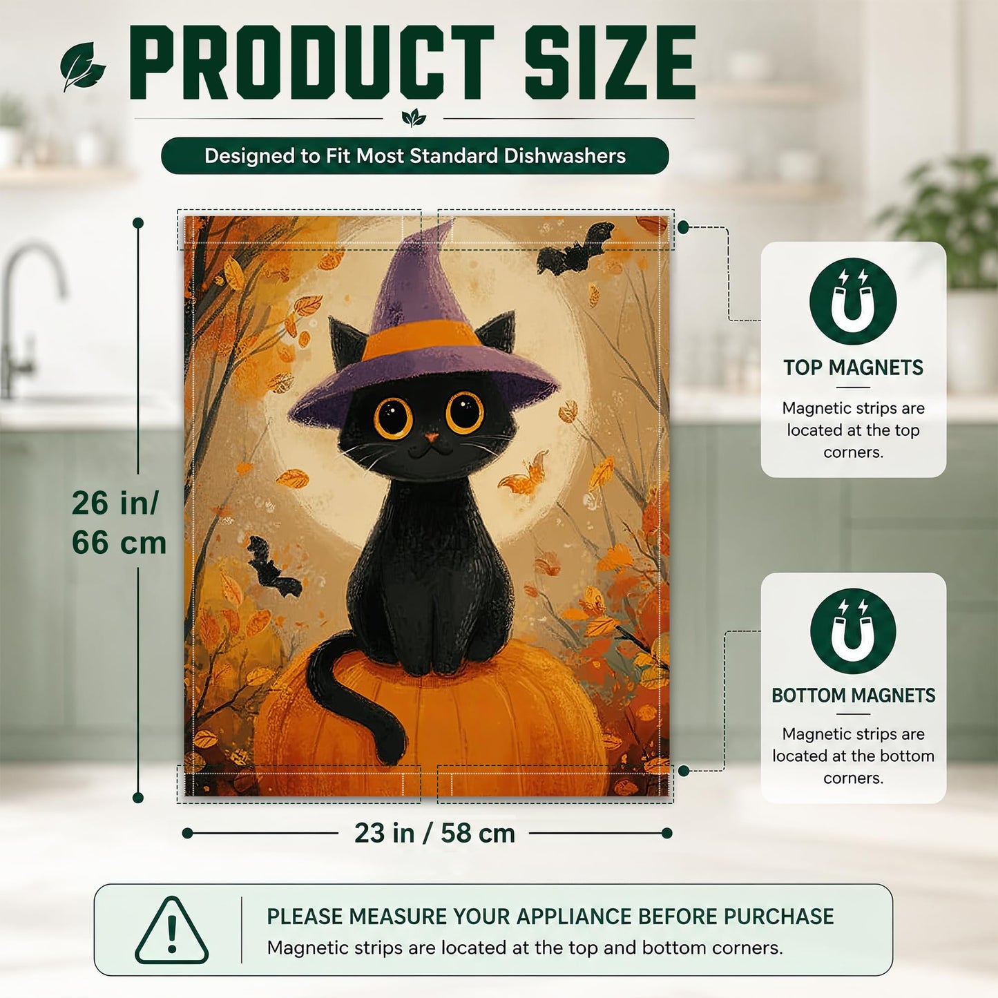 Black Cat Pumpkin Halloween Dishwasher Magnet Cover,23x26 Inch Magnetic Dishwasher,Waterproof Appliance Cover for Holiday Kitchen Decor Housewarming Gifts
