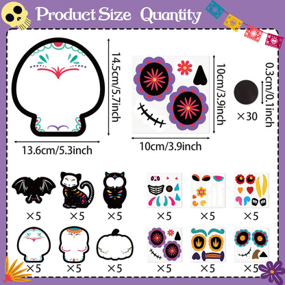 Haooryx DIY Day of The Dead Magnet Craft Kit - 30 Set Make Your Own Dia de Los Muertos Sugar Skull Decoration Sticker Craft Halloween Mexican Festival Party Supply Kid Art Project Bulletin Board Decor
