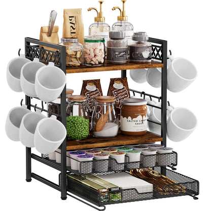 Plaviya Coffee Bar Station Organizer, 4 Tier K Cup Organizer Mug Holder with 12 Hooks, Coffee Pod Holder, Multifunctional Countertop Organizer for Kitchen