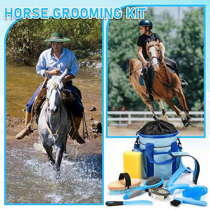 Cunhill 9 Pcs Horse Grooming Kit Tack Room Supplies Set with Tote Bag, Oval Massage Curry, Hard and Soft Brush, Hoof Pick, Sweat Scraper, Bathing Sponge, Comb for Horse Rider(Classic,Light Blue)