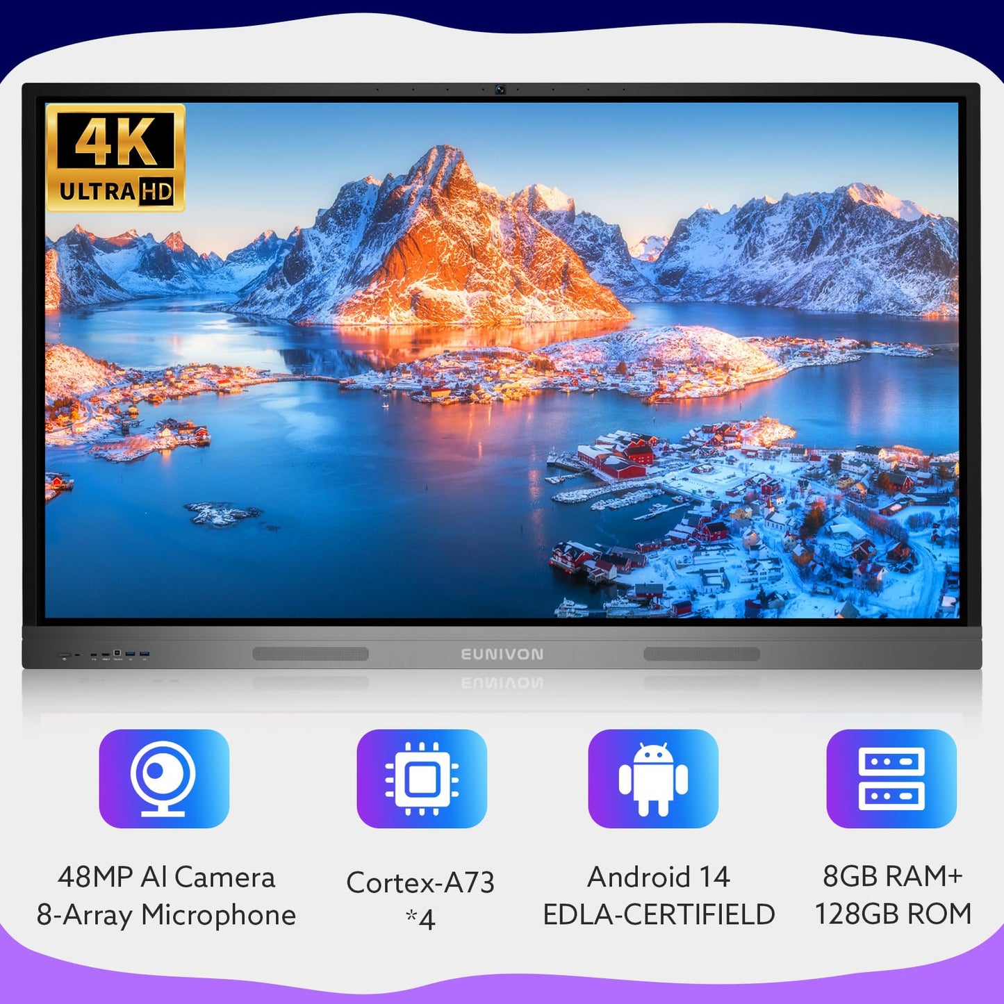 EUNIVON Smart Board 55" 4K Interactive Whiteboard Google EDLA-Certified for Classroom Office Home School, OTA Software Updates 8GB RAM + 128GB Storage