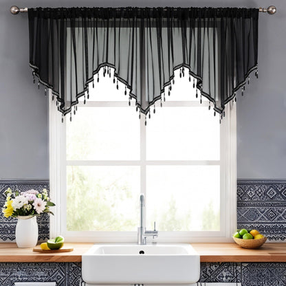 WUBODTI Halloween Black Beaded Sheer Valance Curtains for Windows 3Pcs, Gothic Farmhouse Window Valance Beads Tassel Semi Sheer Curtain Valances for Bedroom Bathroom Kitchen, 51 x 24 Inch Length