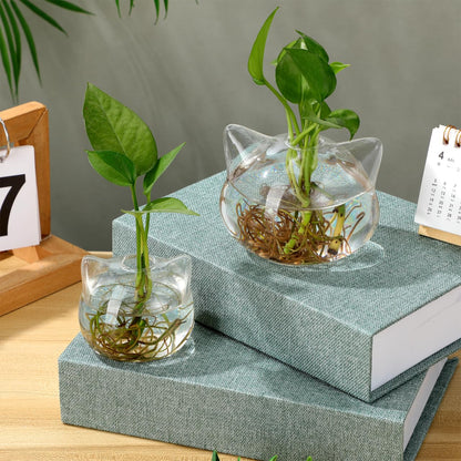 BESTOYARD 2pcs Cat Shape Glass Hydroponic Vases Decorative Floral Art Holder Small Green Plant Container for Home Office Desktop