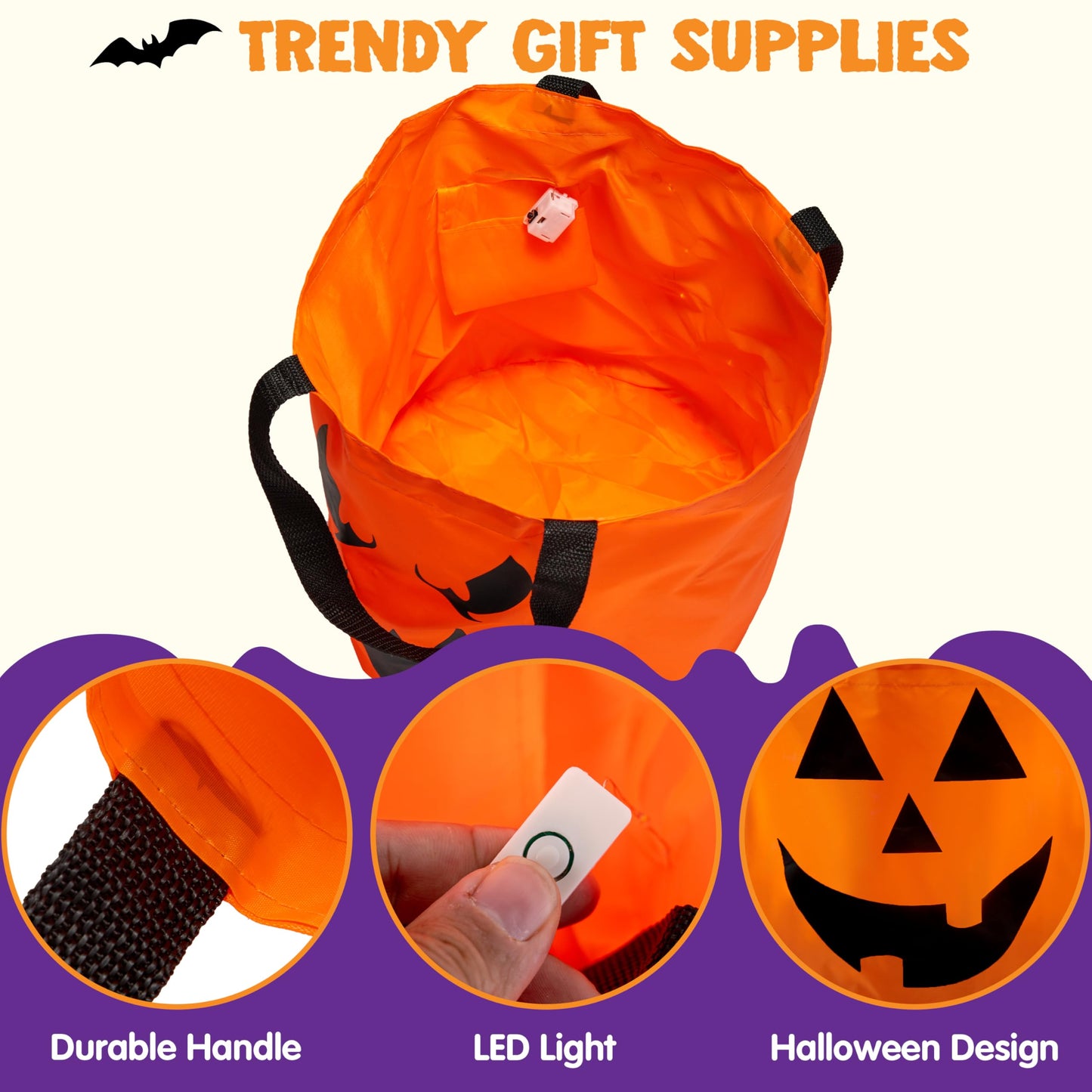JOYIN 2 PCS Halloween Trick or Treat Bags 10 x 11.8 inches LED Light Orange Pumpkin Buckets Reusable Goody Candy Bucket Trick or Treating, Halloween Birthday Party Favor Supplies