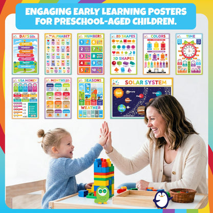 Sproutbrite 12 Pack 11" x 17" Academic Foundation - Educational Posters & Charts for Classroom - Covers Geography, the Solar System, time, Alphabet Recognition, 2D Shapes and More