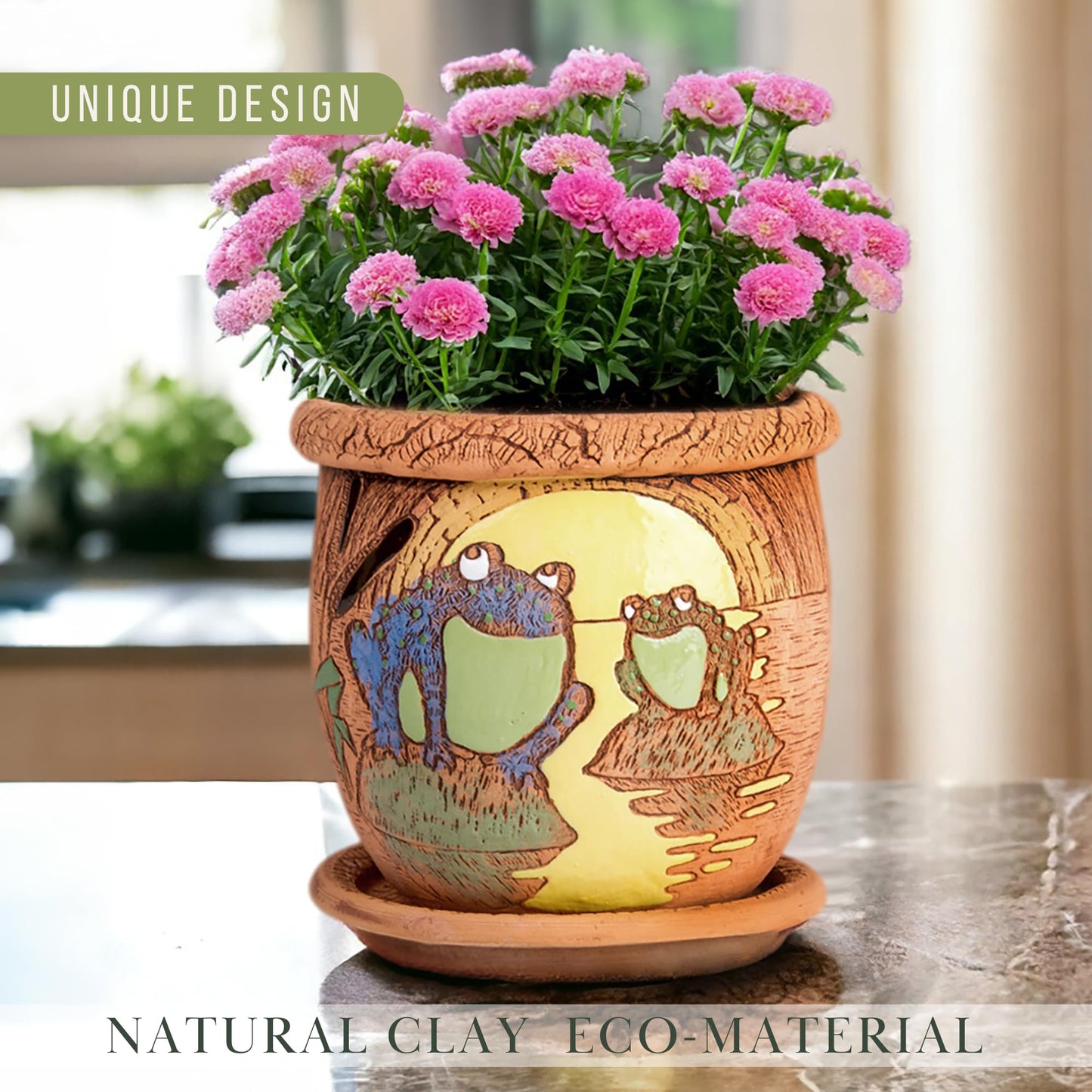 STP GOODS Ceramic Pot with Drainage Hole and Saucer, Plant Pots, Modern Decorative Planters for House Plants Indoor Flowers Plants, Cute Flower Pot - Gifts (Frogs (3 L))