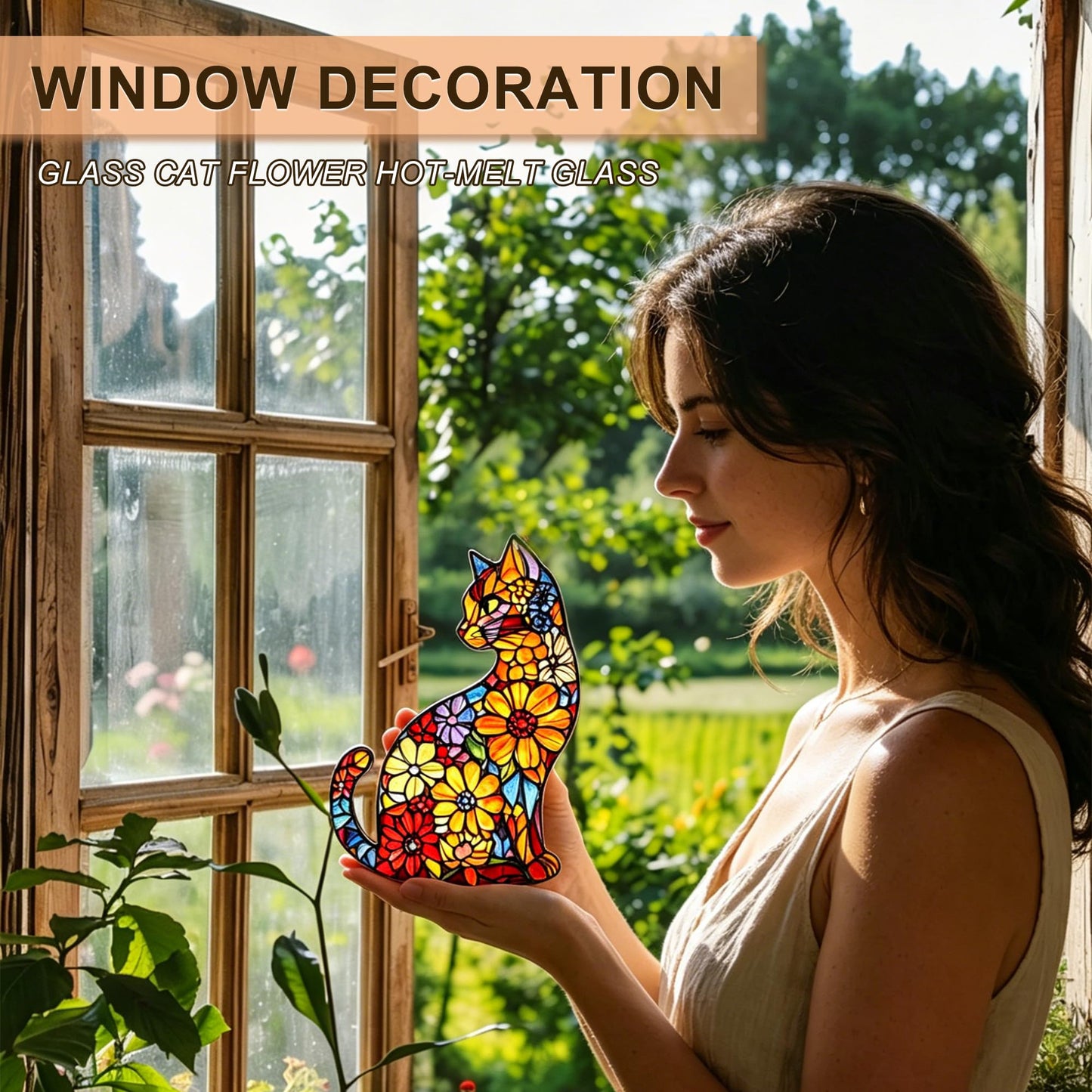 Black Cat Stained Glass Suncatcher with Cat‑Shaped Hook & Star Chain, Real Glass Window Hanging Decor, Fade‑Resistant UV Printed, Ideal Gift for Mom Women & Pet Lovers