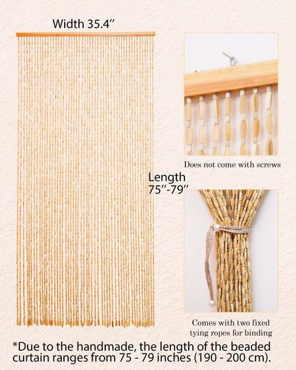 Ezcasch 52 Strands 35.4" x 79" Bamboo and Wood Beaded Curtain for Doorway Handmade Natural Doorway Beads Bohemian Bamboo and Wooden Room Devider Hanging Boho Beaded Curtain,Beige