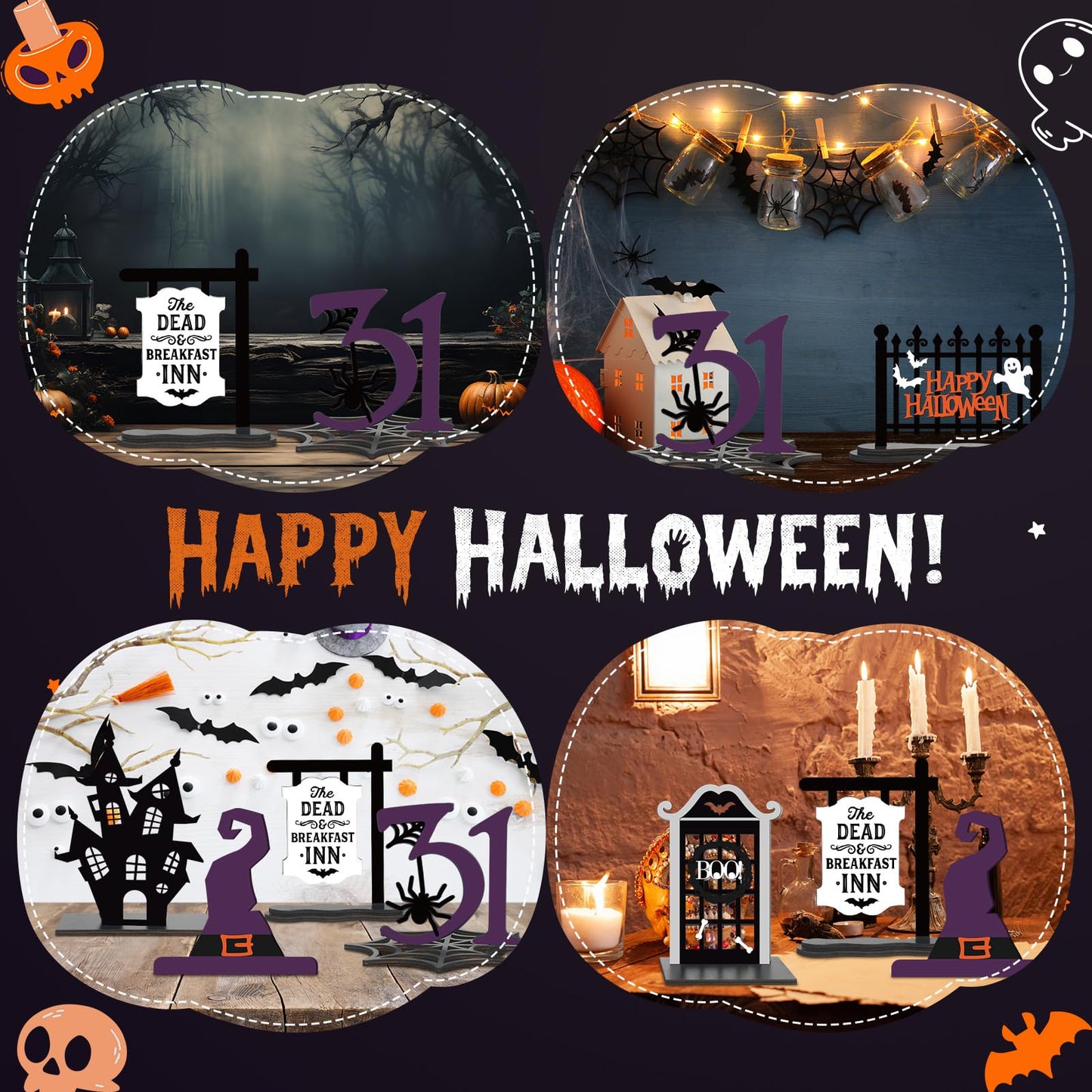 Soaoo 7 Pcs Halloween Wood Centerpieces Decorations 3D Halloween Tiered Tray Wood Decor Spooky Theme Decorations Ghost Party Table Topper for Home Table Shelf Party Display Centerpieces Photo Prop