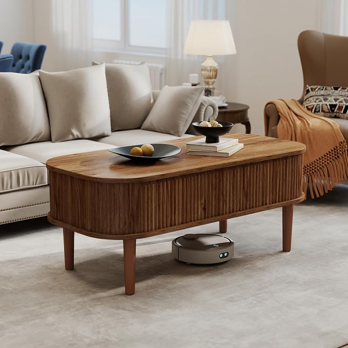 Fluted Lift Top Coffee Table with Hidden Storage, Oval Coffee Table with Lifting Top, Mid Century Modern Design for Living Room, Office & Small Spaces, Walnut