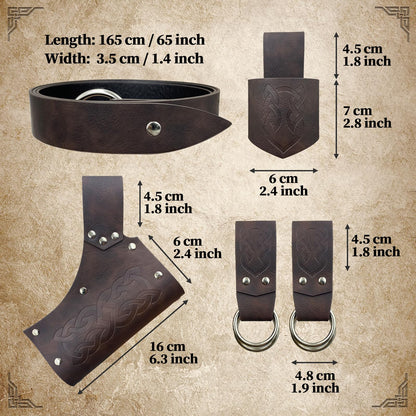 EpicCos 6 PCs Renaissance Belt Costume Medieval Accessories Belt Pouch Skirt Hiking Sword Frog Viking Horn Holster (Brown A)