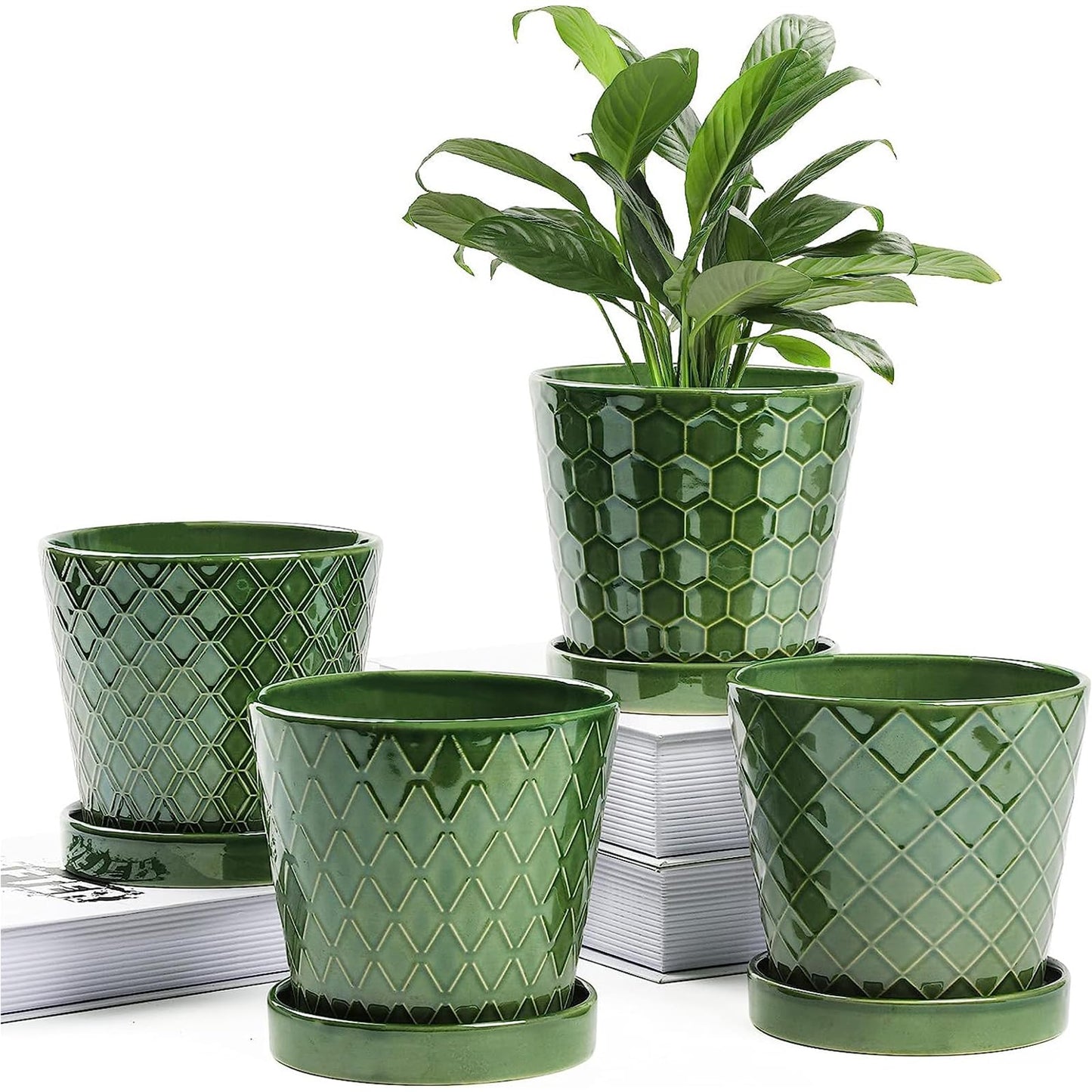 BUYMAX Plant Pots Indoor –5 inch Ceramic Flower Pot with Drainage Hole and Ceramic Tray - Gardening Home Desktop Office Windowsill Decoration Gift, Set of 4-Plants NOT Included (Patina)