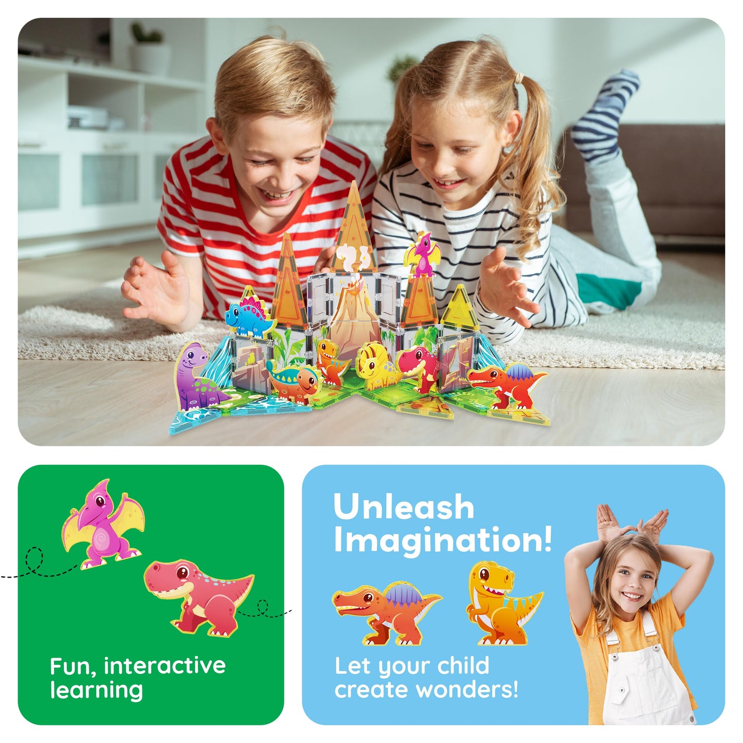 PicassoTiles Magnet Tiles Building Blocks Dinosaur Theme Set with 8 Magnetized Action Figures Magnetic Construction Build and Play Toy with Magnets STEM Learning Activities for Toddlers 3+ PTQ13