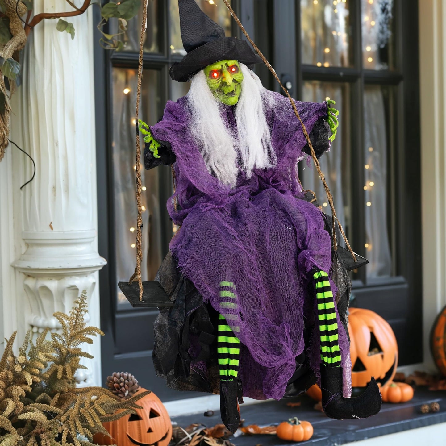 Hourleey 2 Pack Halloween Decorations Outdoor, Swinging 3.6ft Witch and Hanging 4ft Pumpkin Ghost with Lighted Eyes for Haunted House Prop Décor, Halloween Indoor
