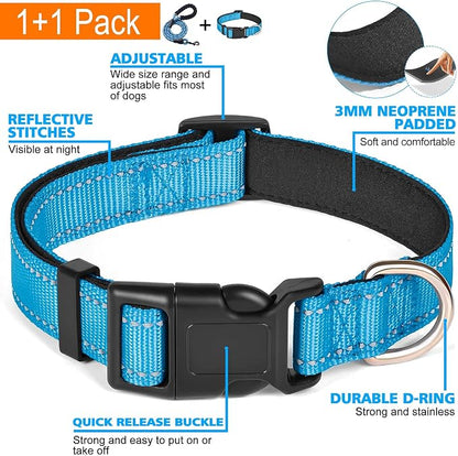 Ladoogo Reflective Dog Collar Padded with Soft Neoprene Breathable Adjustable Nylon Dog Collars for Small Medium Large Dogs (Large (Pack of 1), Vivid Blue Collar+Leash)