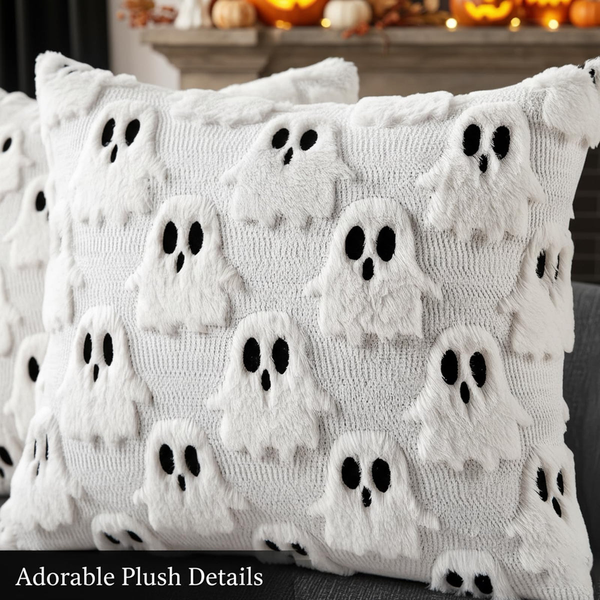 zmzdp 2PCS Halloween Pillow Covers, 18x18 inch White Ghost Throw Pillow Covers, Faux Fur Soft Couch Cushion Case, Fluffy Plush Accent Throw Pillow Case for Halloween Home Decor Indoor