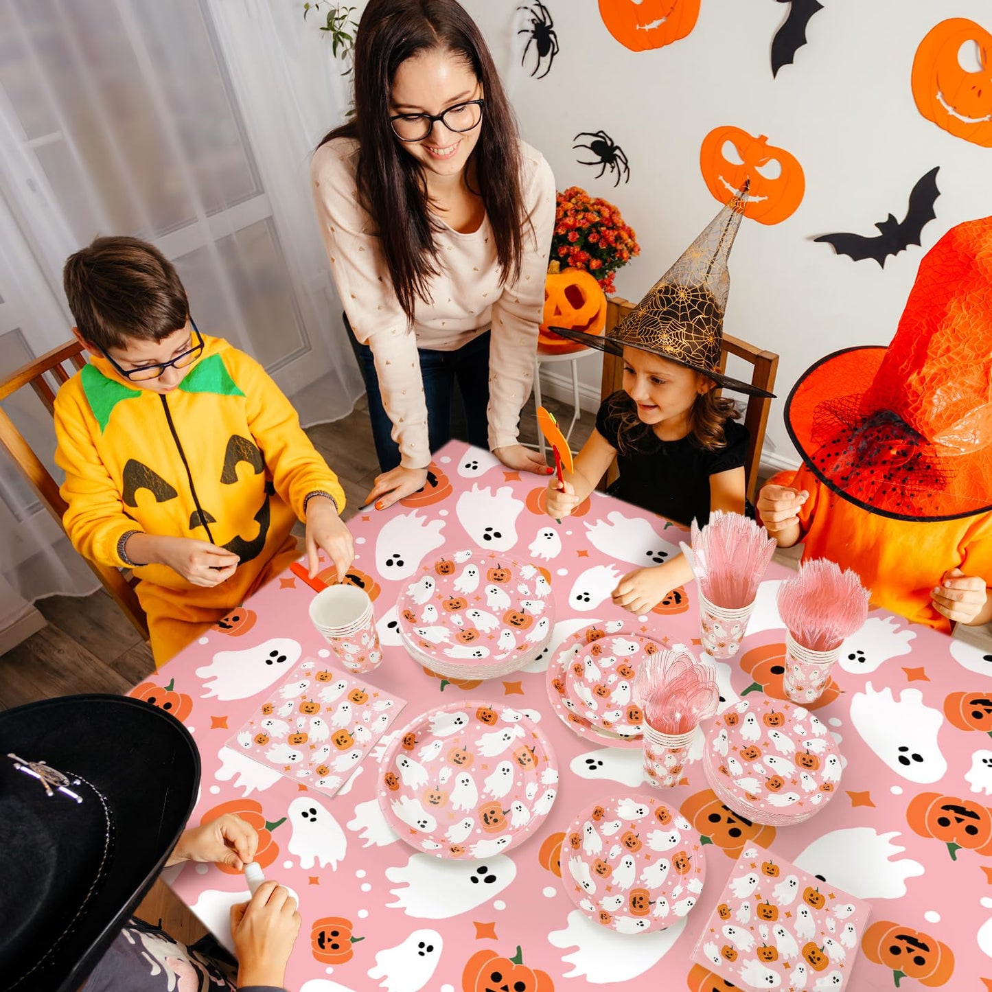 JarThenaAMCS Halloween Tableware Sets Serves 25 Guests Pink Ghost Pumpkin Plates Napkins Cups Fork Knife Spoon Straw Tablecloth Disposable Dinnerware for Birthday Baby Shower Party Supplies