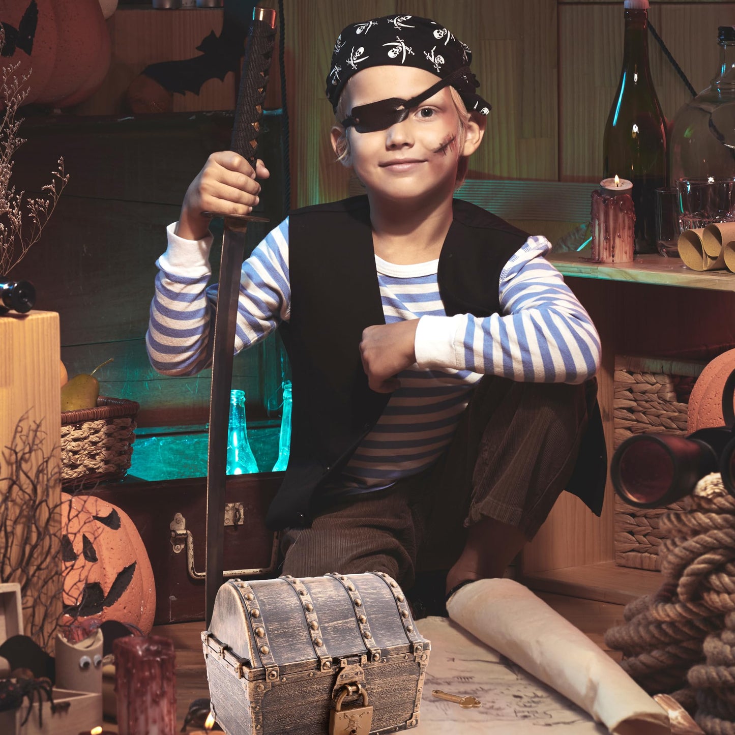 Lingway Toys Large Kids Pirate Treasure Chest Teacher's Favorite Treasures Collection Storage Box with 2 Sets of Locks and Keys Only(Vintage Bronze Coating,8.7"X6.3"X6.9")