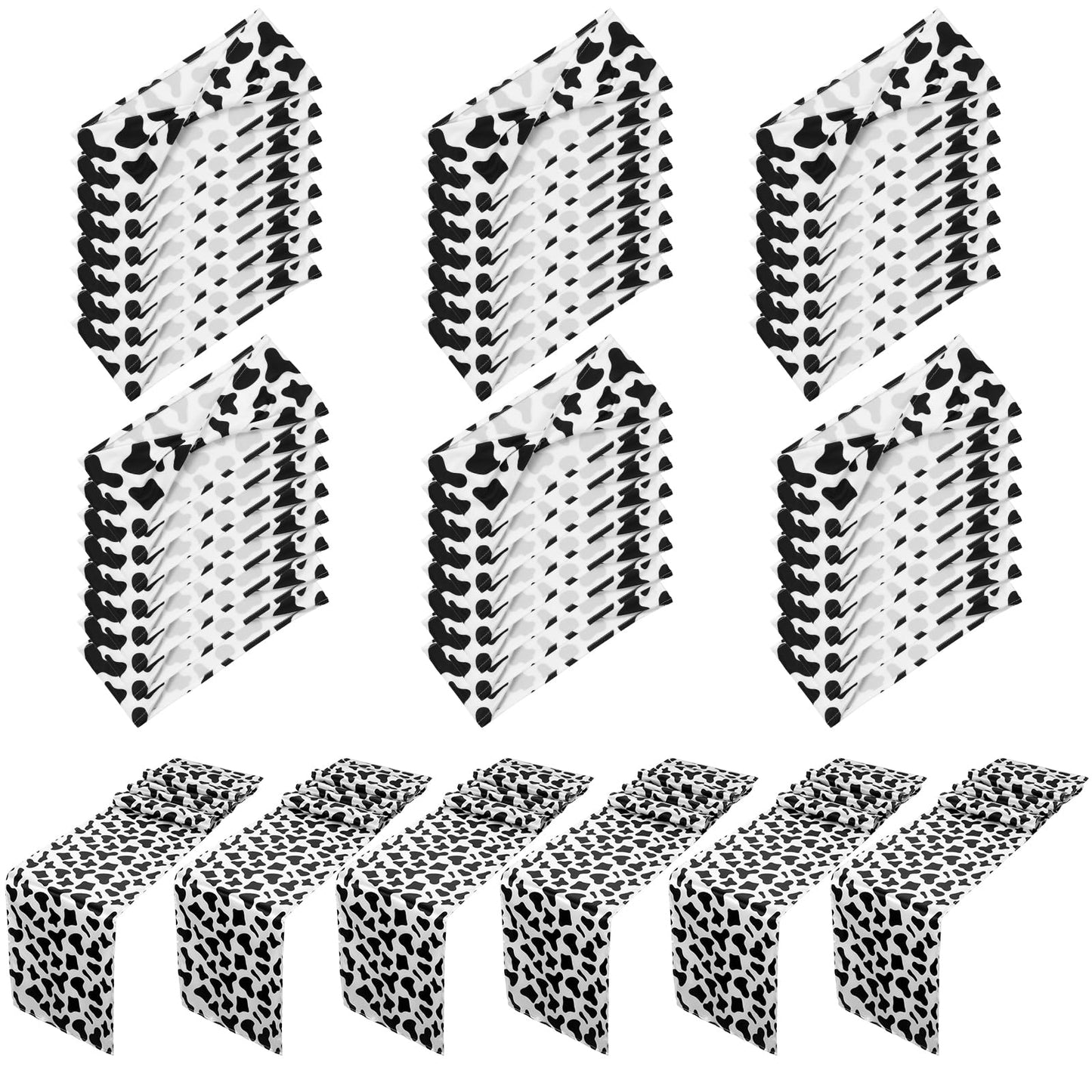 Newwiee 48 Stretch Chair Cover Sashes with 6 Table Runner 6 x 14 Inch Elastic Chair Band Ties 14 x 108 Inch Table Runner for Family Banquet Party Decoration(Cow Stripe)