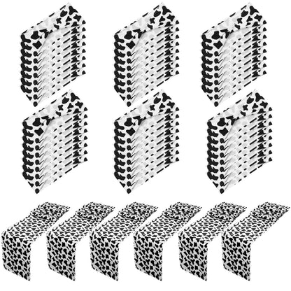 Newwiee 48 Stretch Chair Cover Sashes with 6 Table Runner 6 x 14 Inch Elastic Chair Band Ties 14 x 108 Inch Table Runner for Family Banquet Party Decoration(Cow Stripe)