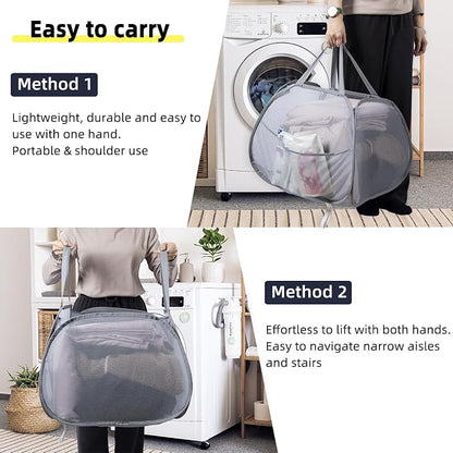 Collapsible Laundry Basket, 90L Foldable Pop-up Laundry Hamper with Handles, Square Mesh Dirty Clothes Hamper for Laundry, Bathroom, Kids Room, Dorm,Travel or Camping (Gray)