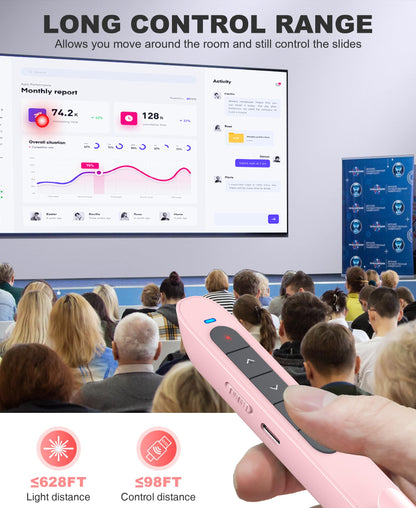 DINOSTRIKE Pink Wireless Presentation Remote with Air Mouse, Rechargeable USB C Slide Clicker Compatible with PowerPoint for Mac and Windows Laptops (2.4GHz)