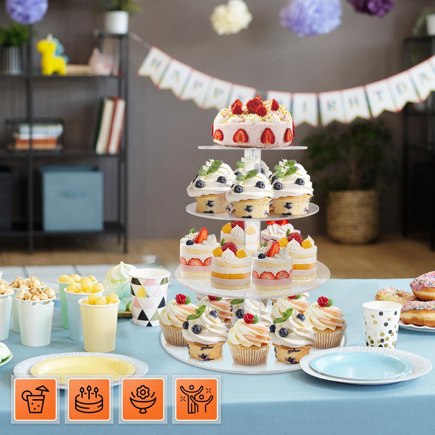LoveDisplay Cupcake Stand, 4 Tier Cupcake Stand for 50 Cupcakes, Round Tiered Cupcake Tower, Clear Acrylic Cupcake Holder, Dessert Stands for Party, Wedding, Birthday, Baby Shower, Halloween