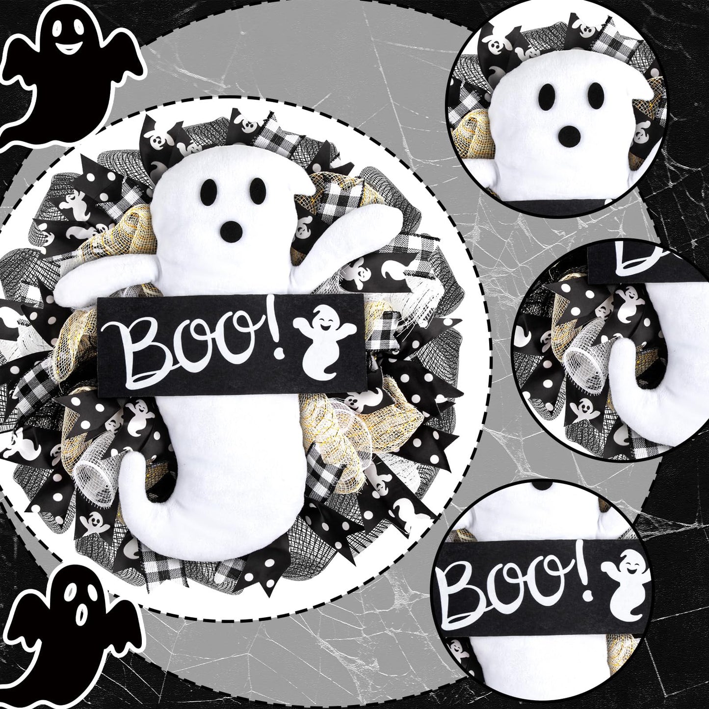 16 Inch Halloween Ghost Wreath Burlap Wreath with Ghost Doll Artificial Hanging Garland for Halloween Decorations Indoor Outdoor Party Supplies