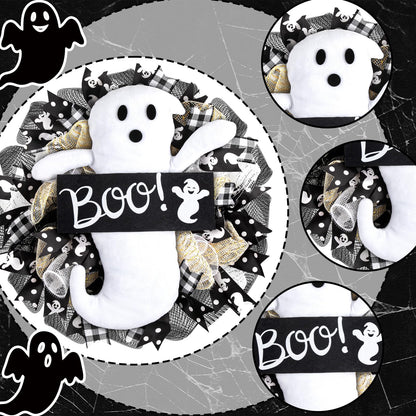 16 Inch Halloween Ghost Wreath Burlap Wreath with Ghost Doll Artificial Hanging Garland for Halloween Decorations Indoor Outdoor Party Supplies