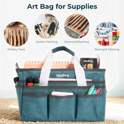 Nicpro Craft Organizer Art Bag, Tote Bag For Art Supply Storage, Portable Supply Organizers Caddy with Multiple Pockets, Craft Bag for Drawing, Scrapbooking, Journal, Sewing, School, Office Supplies