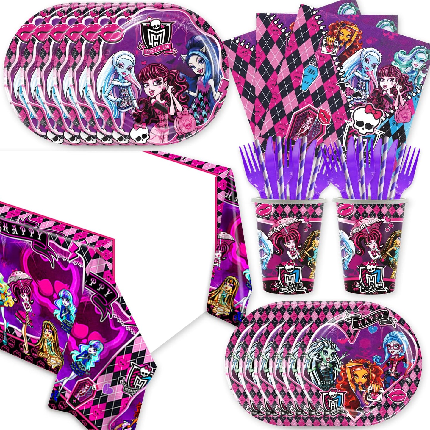 141Pcs Monster Academy Party Supplies Gothic Paper Plates (9"+7"), Cups, Napkins, Forks, Knives, Straws, 1 Tablecloth Decorations with Skull, Bat Print for Birthday, Horror Movie Night Halloween