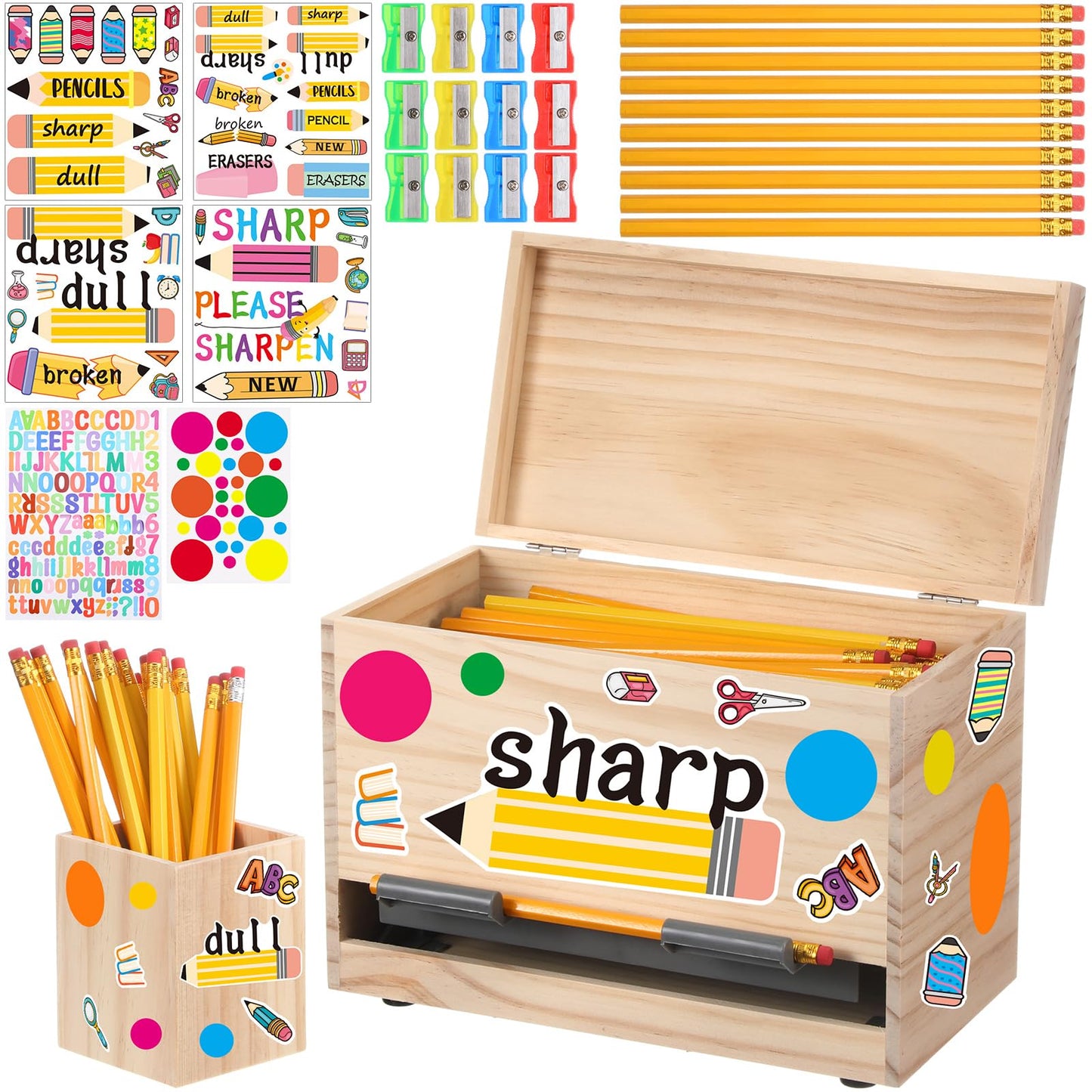 Watersay 108 Pcs Pencil Dispenser Kit for Classroom Wooden Sharp and Dull Pencil Holder 50 Pencils 50 Sharpener 6 Sticker Classroom Teacher Must Have Straw Dispenser for Back to School(Wood Color)