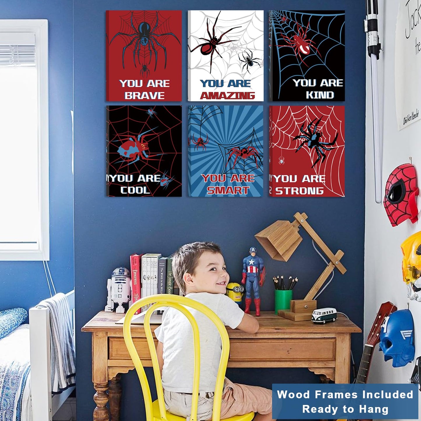 FRAMED Spider Room Decor for Boys, Spider Wall Art for Boy Wall Decor, Spider Wall Decor for Bedroom Bathroom Nursery Kids Room, Ready to Hang(Set of 6, 8x10 Inch, Framed)