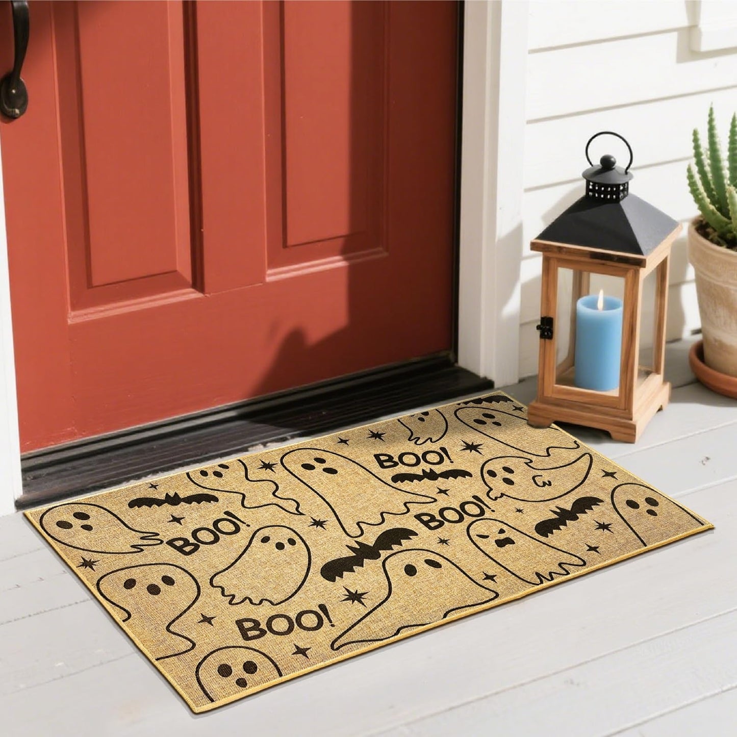 Kazova Ghost Doormat Boo 17x30 Inch Non Slip Washable Linen Indoor Outdoor Rug for Couples Introvert Funny Unwelcome Front Door Entryway