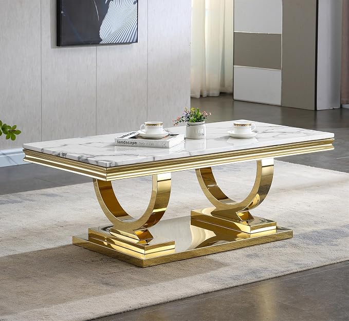 3 Piece Living Room Table Set Include 1 Faux Marble Coffee Table & 2 End Tables, Modern White Gold Coffee Table Set of 3 with Double O Shape Stainless Steel Pedestal Base