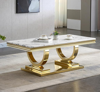 4 Piece Living Room Table Set Include 1 Faux Marble Coffee Table & 2 End Tables & 1 Console Table, Modern White Gold Coffee Table Set of 4 with Double O Shape Stainless Steel Pedestal Base