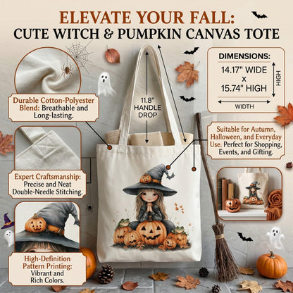 Fall Halloween Tote Bags 2Pcs, Cotton Blend Canvas Tote with Pumpkin Ghost Witch Prints, Reusable Shoulder Bags for Thanksgiving Party Trick or Treat Gift (witch&pumpkin)