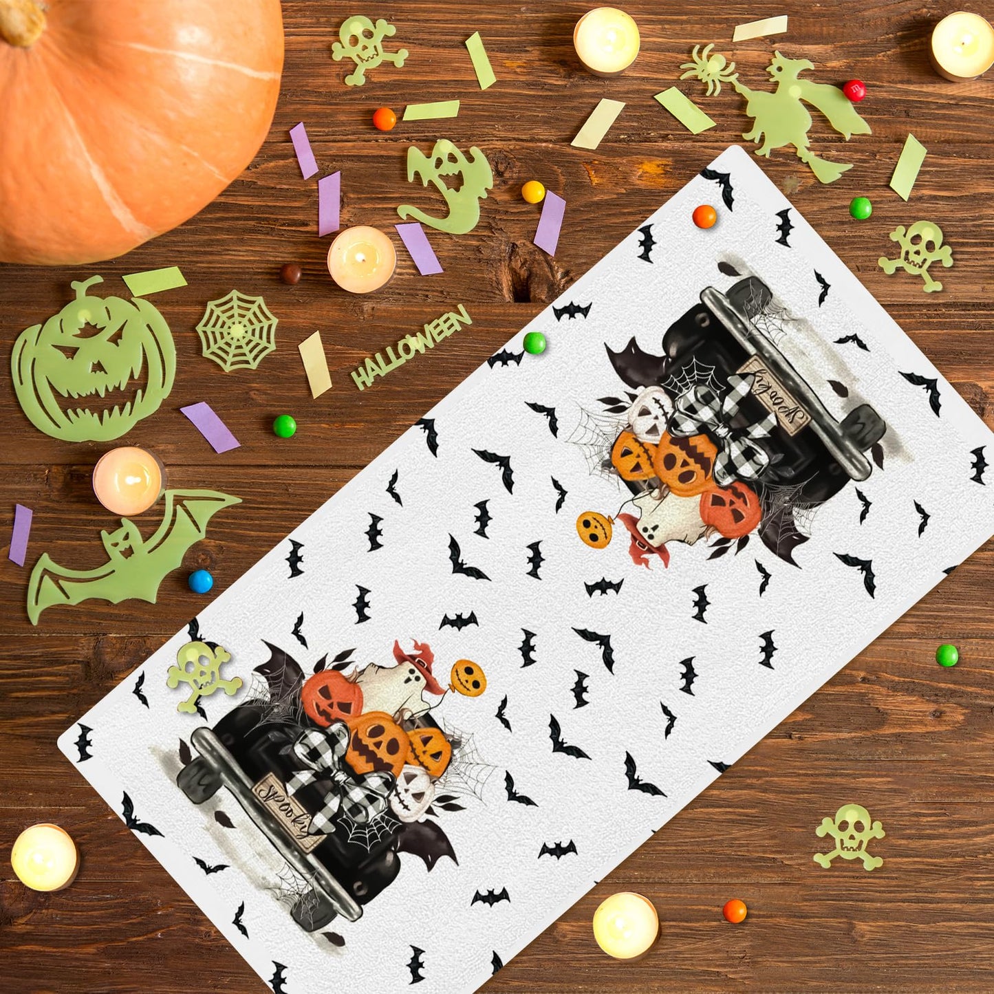 Zeptrix Kitchen Towels Halloween Kitchen Towels Funny Hand Towel for Bathroom Halloween Bathroom Decortions Pumpkin 4 Pcs Bat Ghost Truck Dish Cloths Gift for Home Wall Decor 16x24 Inch(White Black)