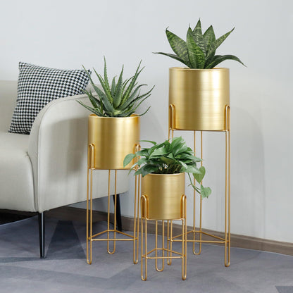 TRIROCKS Set of 3 Large Planters with Stand Gold Planter for Indoor Plants 29 &22 &12" Tall Morden Metal Plant Pots for Living Room Corner Kitchen Office Garden Balcony Patio Decor