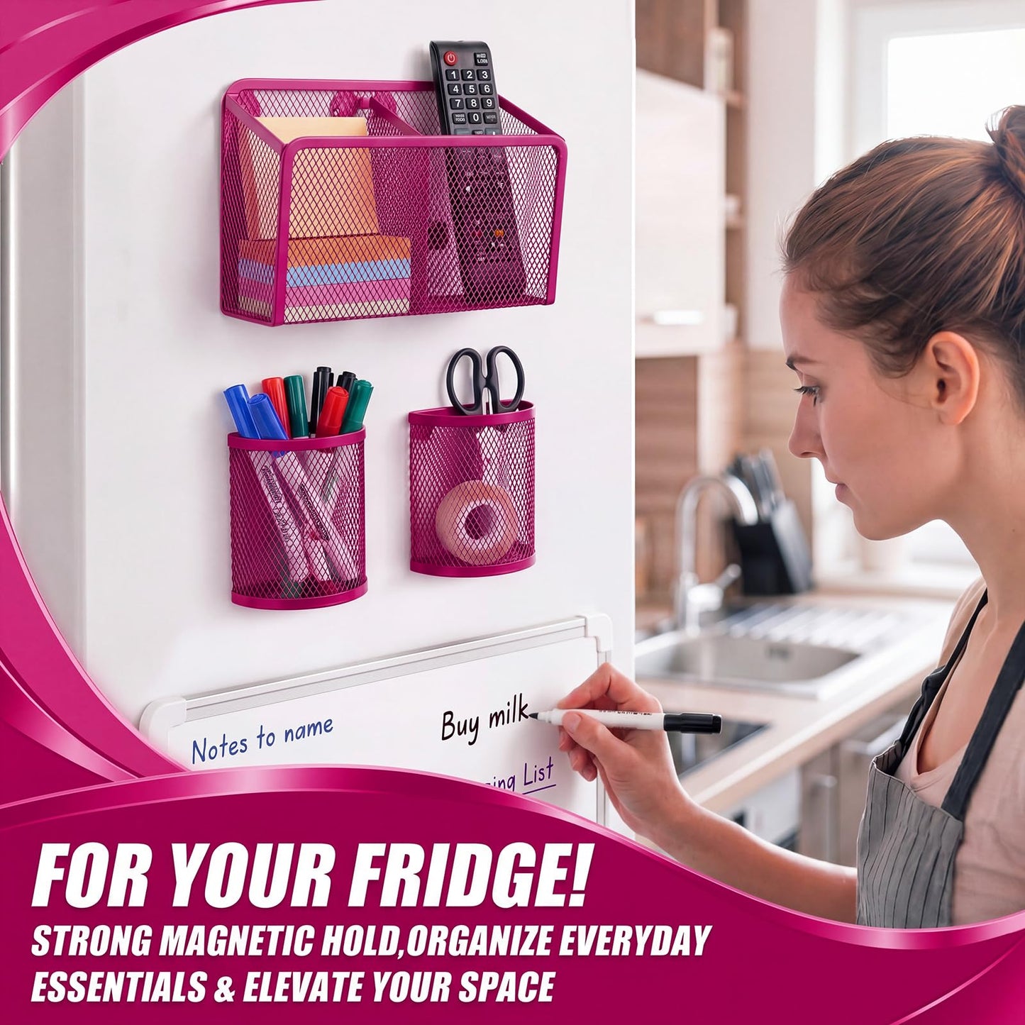 Marspark 3 Pcs Magnetic Pen Holder Set Metal Pencil Holder with Strong Magnets Wire Mesh Storage Basket Organizer for Locker Accessories Whiteboard Refrigerator School Office Dorm(Pink)