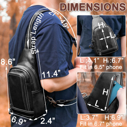 CENUNCO Genuine Leather Sling Bag Crossbody Chest Bag Sling Backpack Purse (Black)