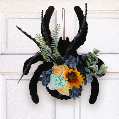 Halloween Spider Wreath with Sunflowers and Black Feathers, Wooden Pendant for Front Door Decoration Fall Halloween Party Decor Supply