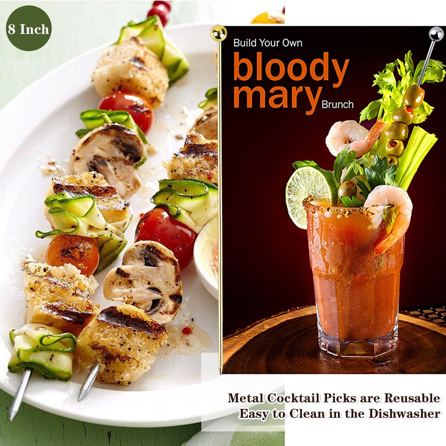 12PCS Bloody Mary Skewers Gift Set, 8 Inch Stainless Steel Cocktail Picks Metal Bloody Mary Accessories, Reusable Cocktail Skewers Bar Toothpicks for Drinks,4 silver 4 gold 4 rose gold