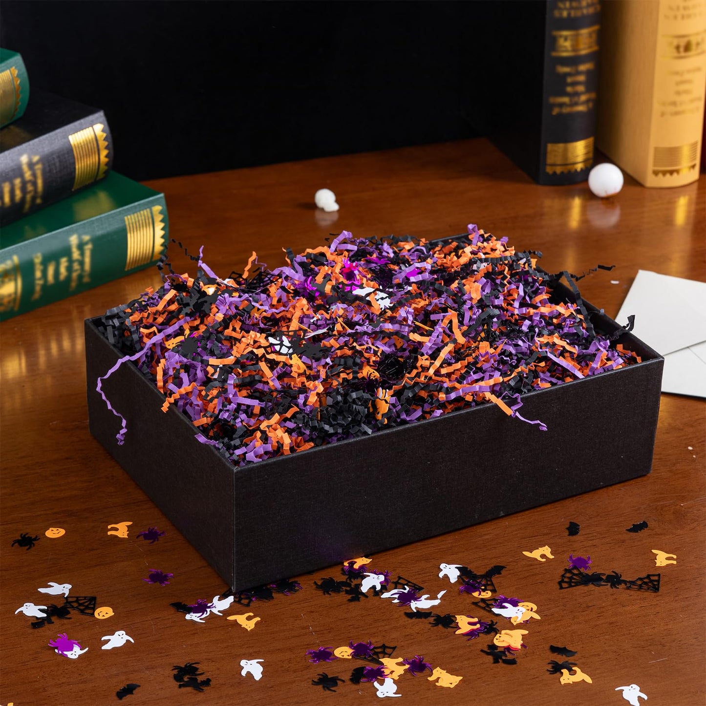 CIPOWM 16oz Halloween Crinkle Cut Paper Shred, 3 Colors Raffia Paper Shred Filler with Halloween Confetti Shredded Paper Grass for Gift Wrapping Craft DIY Gift Bag Box Filling Party Supply
