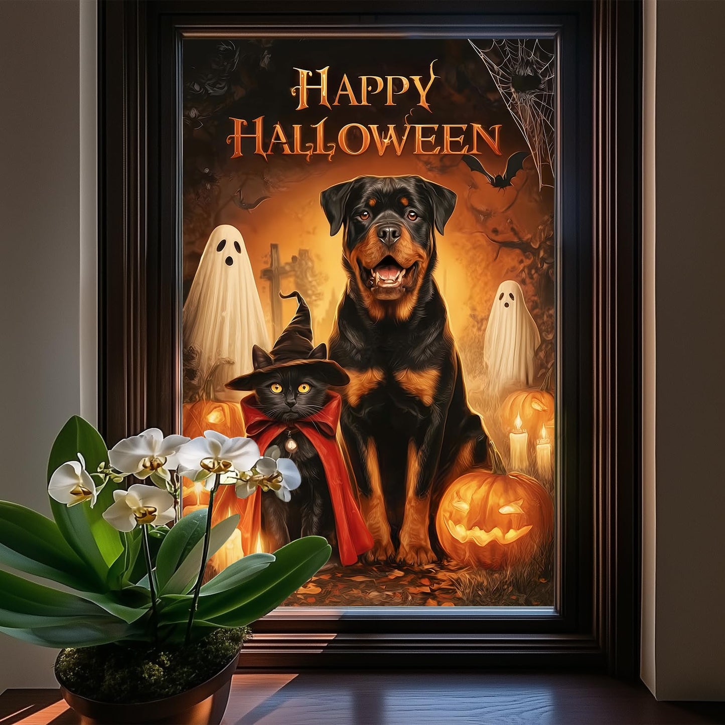 HOMETITUTE Halloween Window Film 24x36 Inch PVC Rottweiler Window Decal and Black Cat Window Sticker with Pumpkin Ghost Bat Design for Glass Halloween Glass Decoration Home